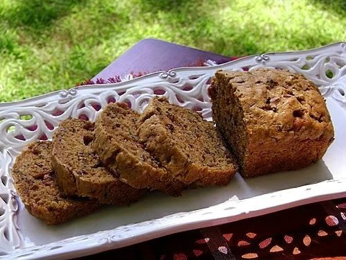 /></span><br/> <br/> <br/> This is the latest in what is becoming a LONG line of new zucchini bread recipes. I love butterscotch and wanted to use that flavor in a bread-but what flavor would compliment it? I really didn't want to use chocolate, and I thought using butterscotch chips would either make the bread too sweet or just be a little too much of that flavor.......so........what to do?????????<br/> <br/> Bob and I were talking about the new bread over coffee this morning.......I asked him what he thought would go good as a complimentary flavor? His immediate reply? 